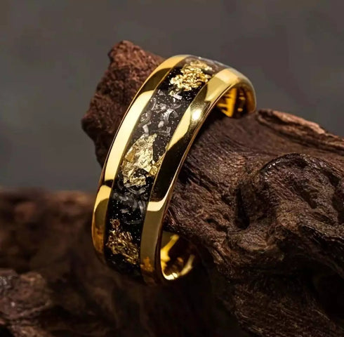 Men's 8mm Tungsten Gold Leaf Flakes & Crushed Meteorite Comfort-Fit Wedding Band